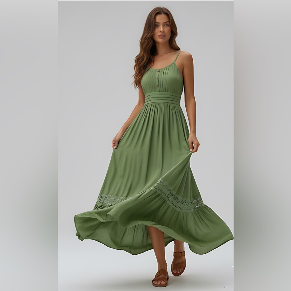 Boho Shirred Ruffle Lace Hem Maxi Dress Green - Picture 2 of 9